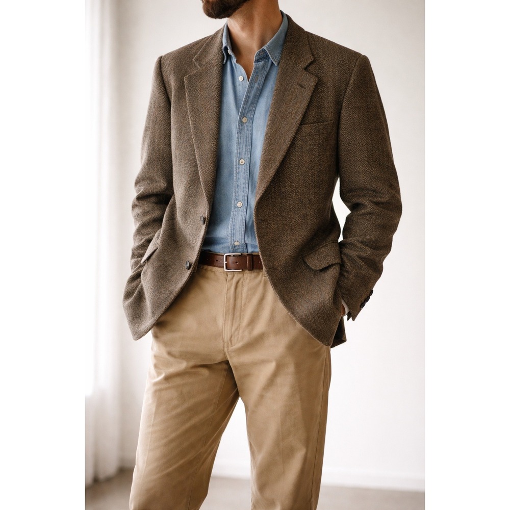 Clark 100% Wool Herringbone Blazer 48L Gray Brown - Picture 2 of 16